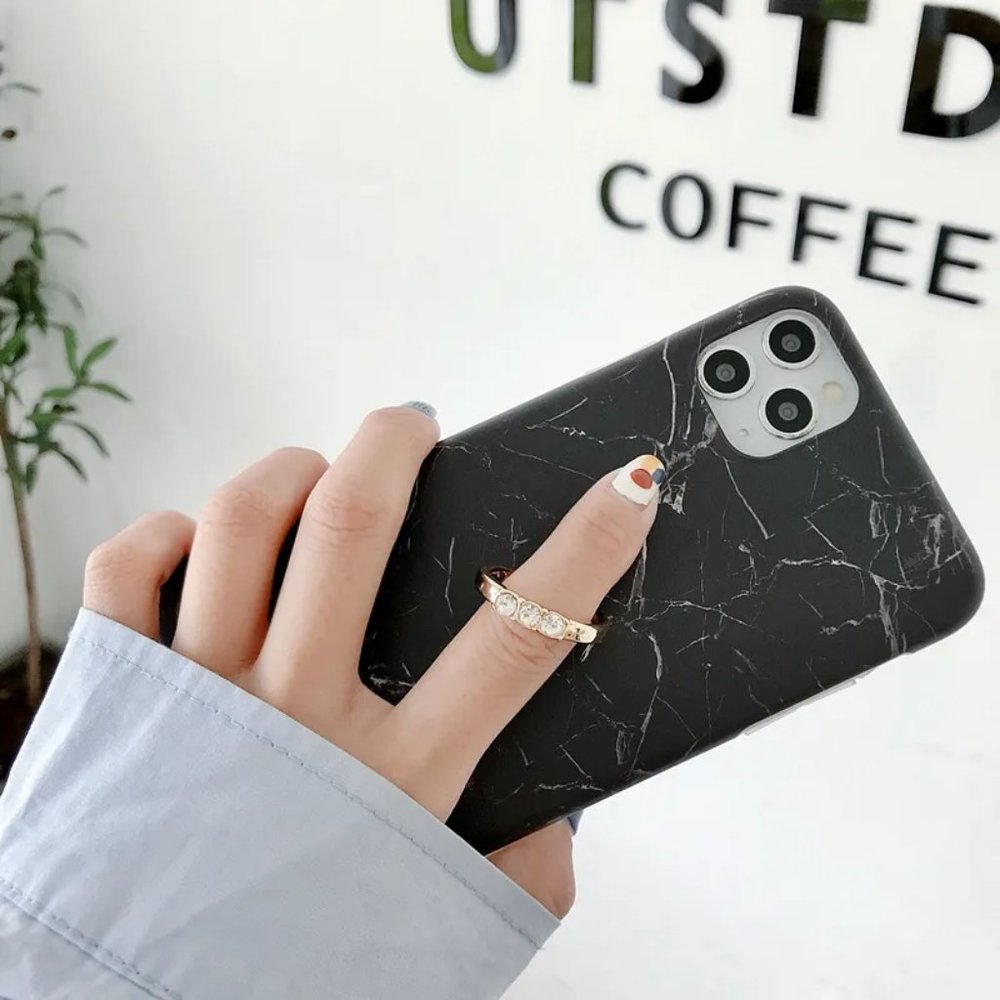 Free 2 Screen Protector With Black  Marble Ring Cover